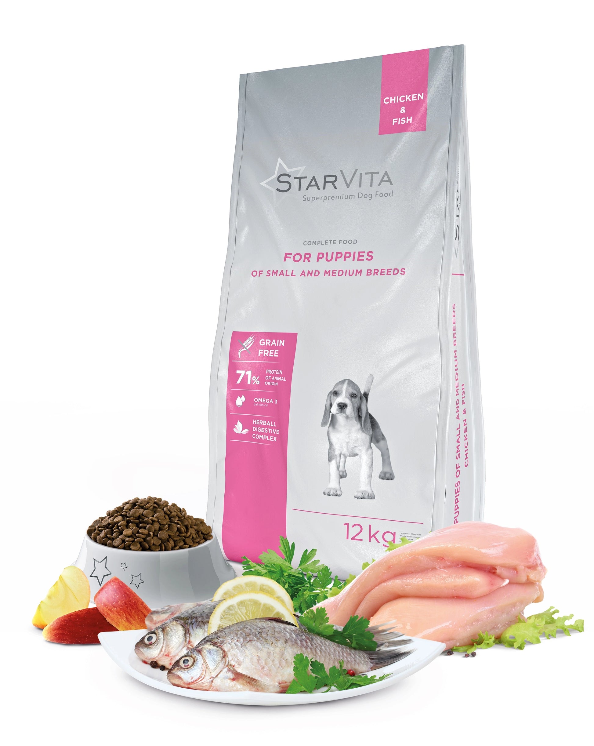 Förpackning och ingredienser i Starvita torrfoder för valpar