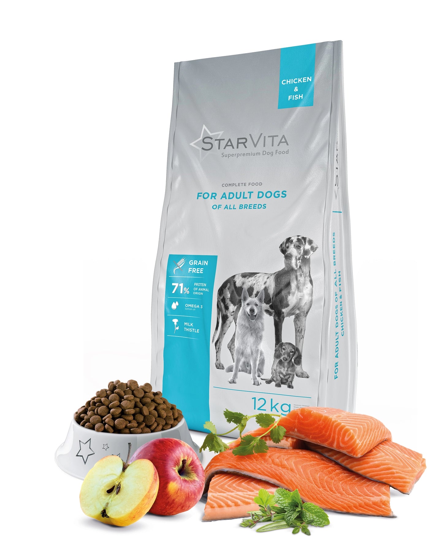 Förpackning och ingredienser i Starvita torrfoder för vuxna hundar med kyckling och fisk