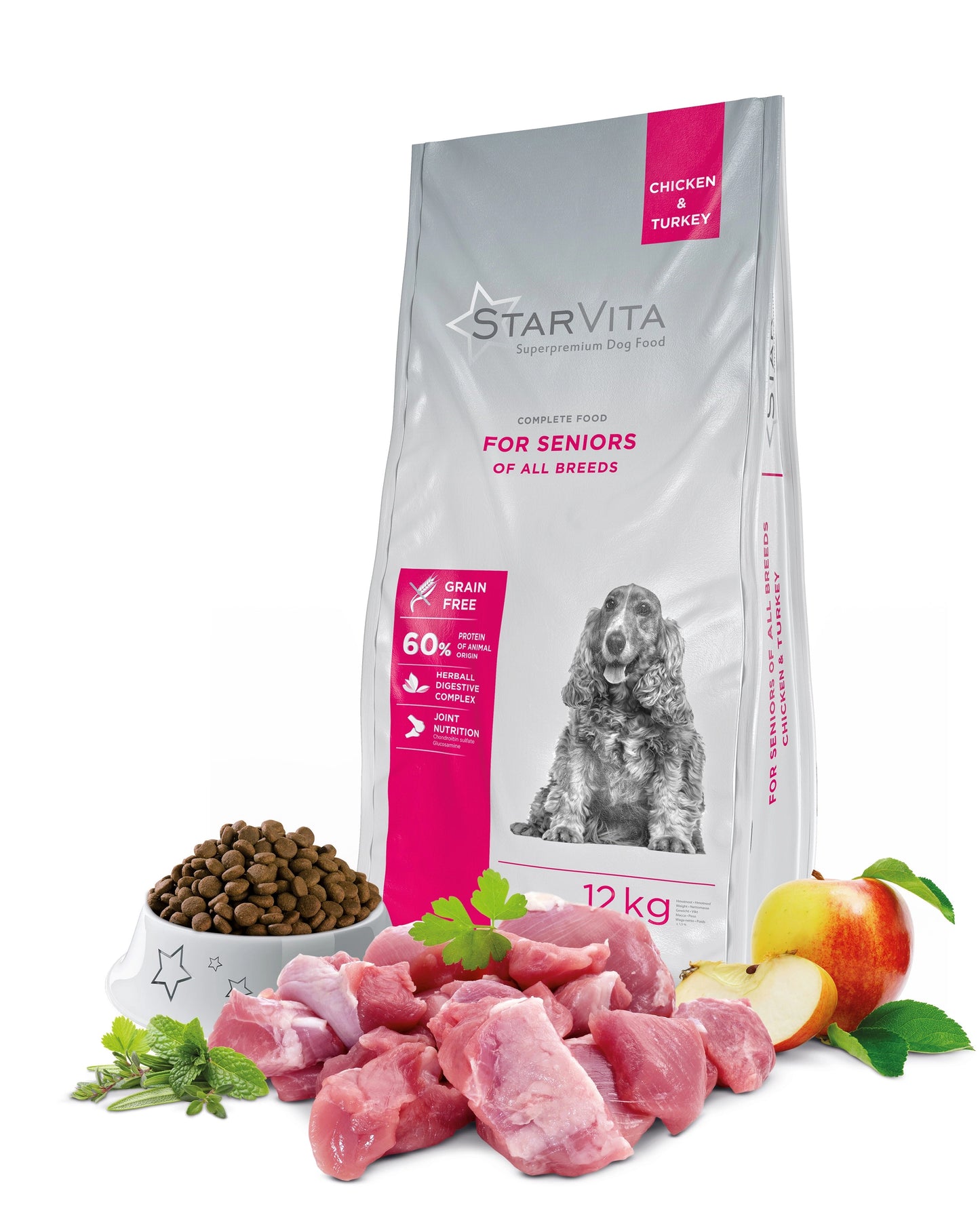 Förpackning tillsammans med råvarorna som finns i Starvitas torrfoder för äldre hundar