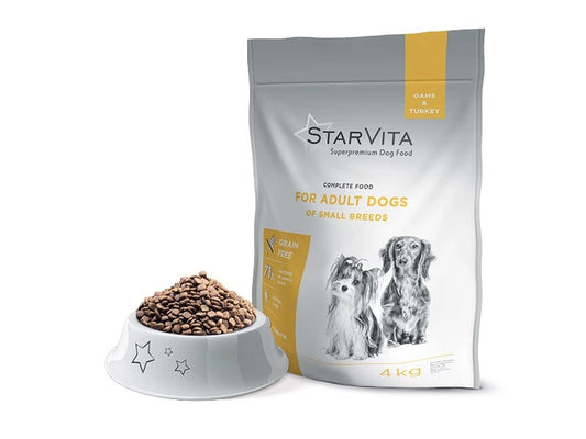 Förpackning och skål med mat av Starvita torrfoder för små hundar 