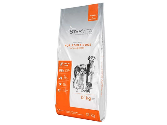 Förpackning av Starvita torrfoder för vuxna hundar med smak av kalkon och fågel