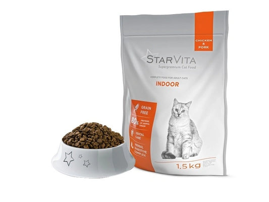 Förpackning och skål med torrfoder av StarVita torrfoder för inomhuskatter