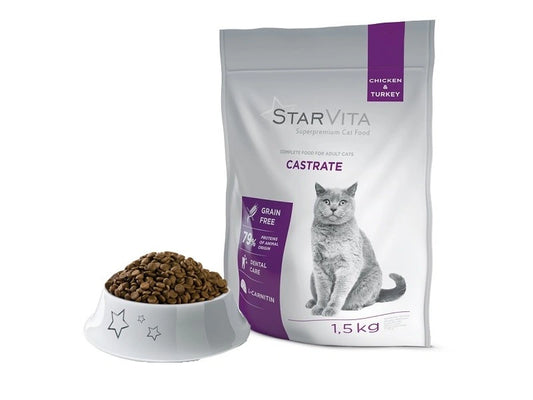Förpackning och skål med torrfoder från Starvita för kastrerade katter 